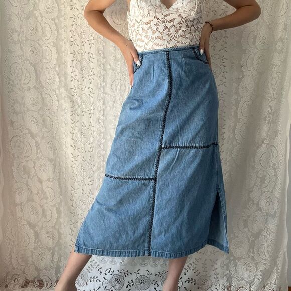 Vintage 90s Whipstitch Denim Midi Skirt Panel Stitch Detail Side Slit L - Picture 2 of 15